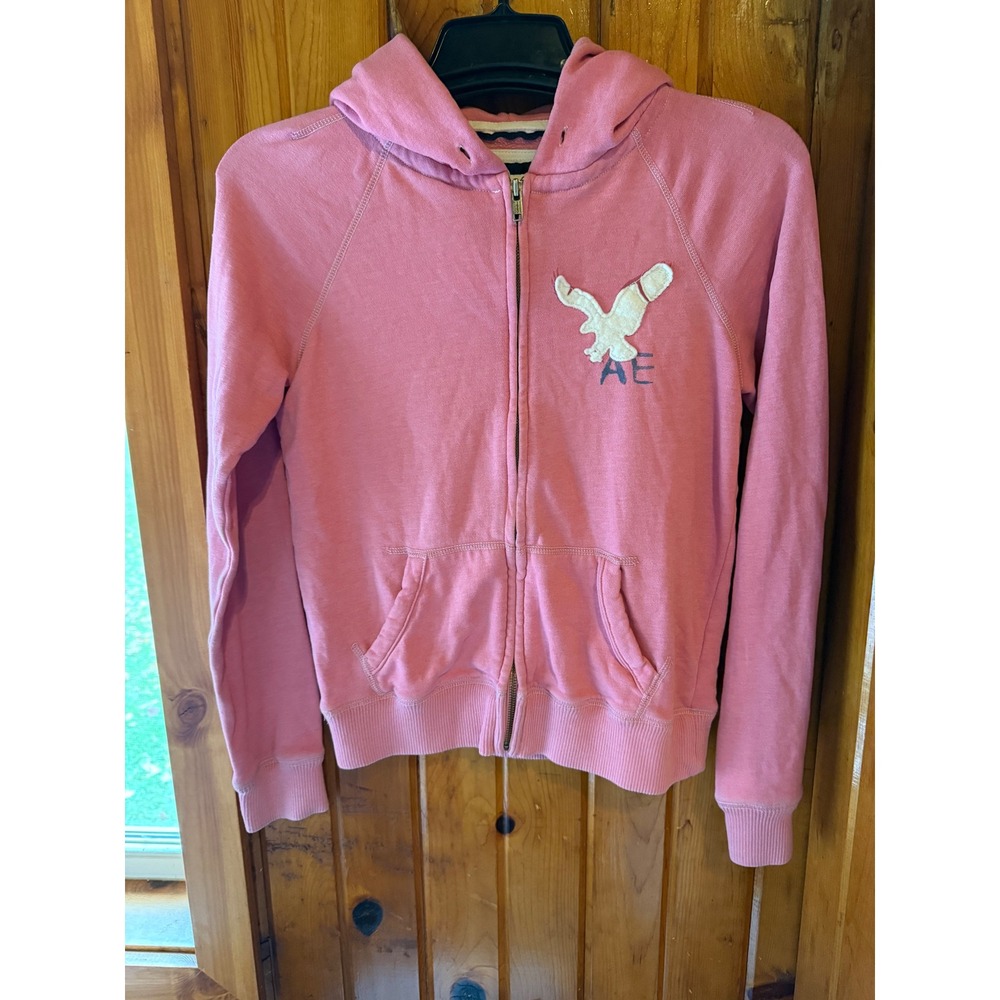 Y2K American Eagle Outfitters Pink Full Zip‎ Hoodie Eagle Logo Medium Sweatshirt